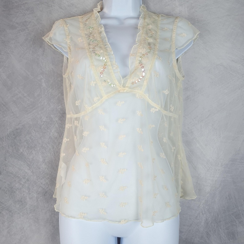Sisley Sheer Mesh Top Womens Medium Cream Sequin Floral Ruffle Whimsy Fairycore
